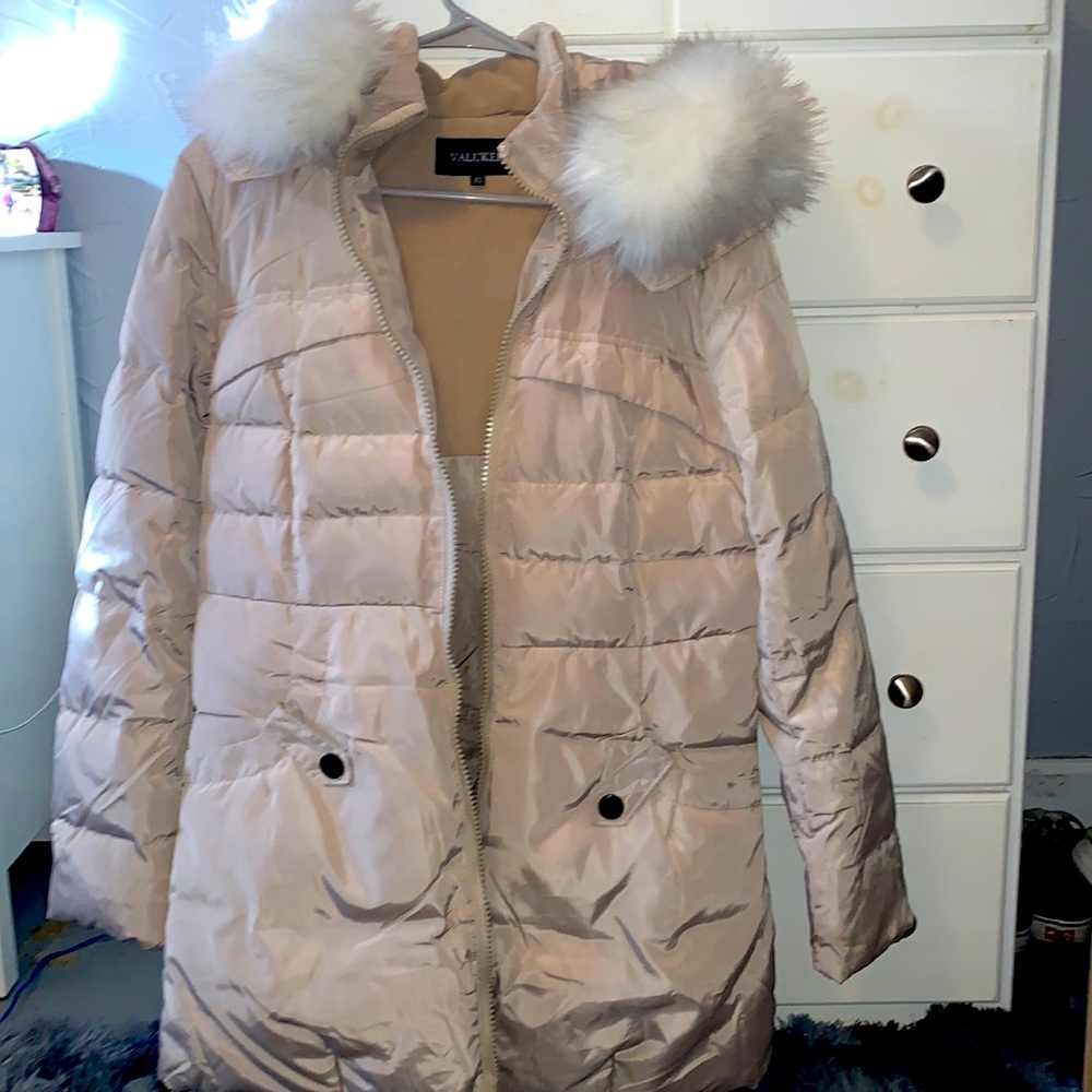beige colored winter jacket, the fur on the hood is detachable, size xs